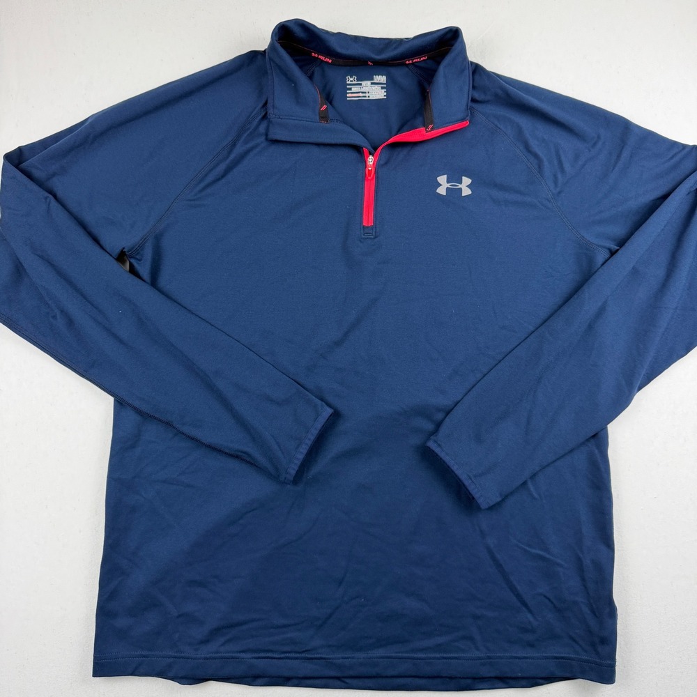 Under Armour Mens Run AllSeasonGear 1/4 Zip Pullover Navy Blue Pink Large Fitted